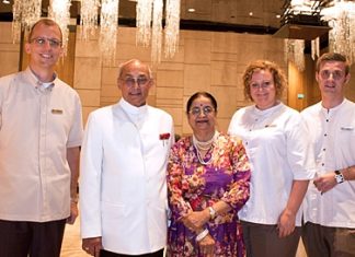 Taking time off from the strenuous board meeting held in Pattaya last month, Rotary International President Kalyan Banerjee (2nd left) and his wife Binota (centre) spent some quality time together at the Hilton Pattaya where they were welcomed by GM Harald Feurstein, (left), Ms. Peta Ruiter (2nd right), Director of Business Development and Simon Bender (right), Director of Food & Beverage.